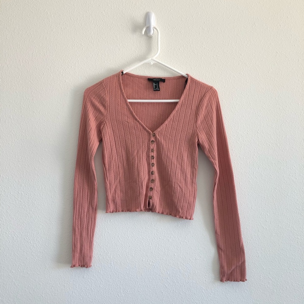 Dusty Rose Pink Long Sleeve Cardigan Crop Top